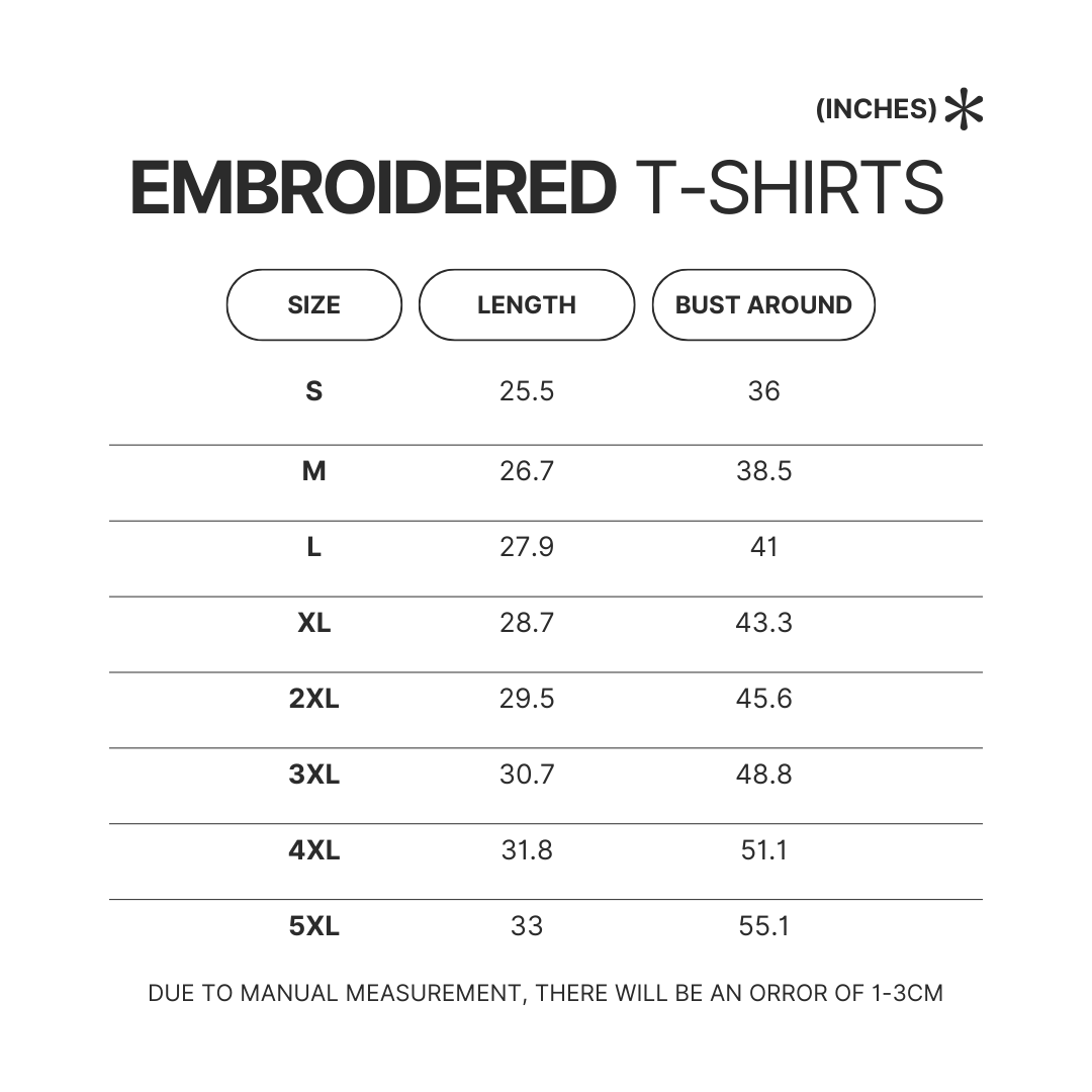Embroidered T shirt Size Chart - Shrek Shop